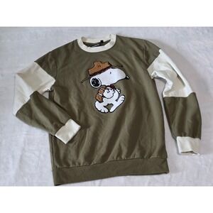 Peanuts Mens Small Olive Green Snoopy Camper Outdoors crewneck sweatshirt